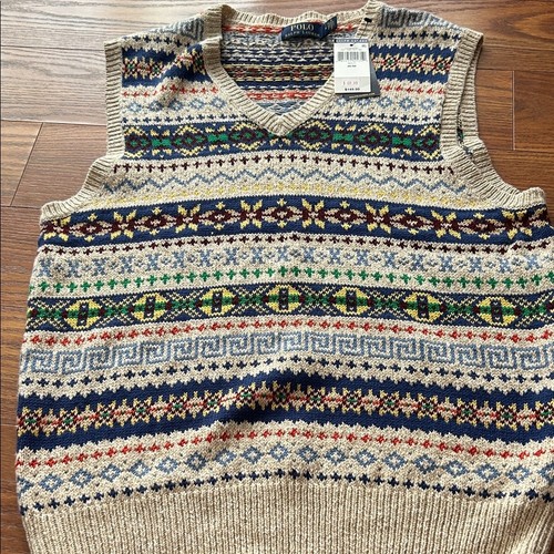 Maglione gilet Polo Ralph Lauren M Fair Isle marrone cotone cashmere misto lino nuovo con etichette