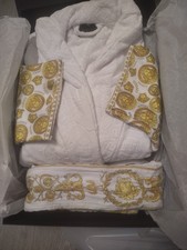 White cotton Barocco trim bathrobe from Versace Home featuring a wrap style XXL
