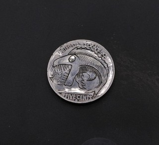 Hand Engraved Buffalo Nickel –Sharp‑Tooth Fish Eating Happy Little Fish Carving