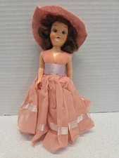 Celluloid Plastic Girl Doll Brunette Moving Eyes 7  Tall Peach Dress With Hat