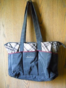 Eddie Bauer Diaper Bag Tote Gray Burgundy Plaid Roomy Pockets Wipeable Sinclair