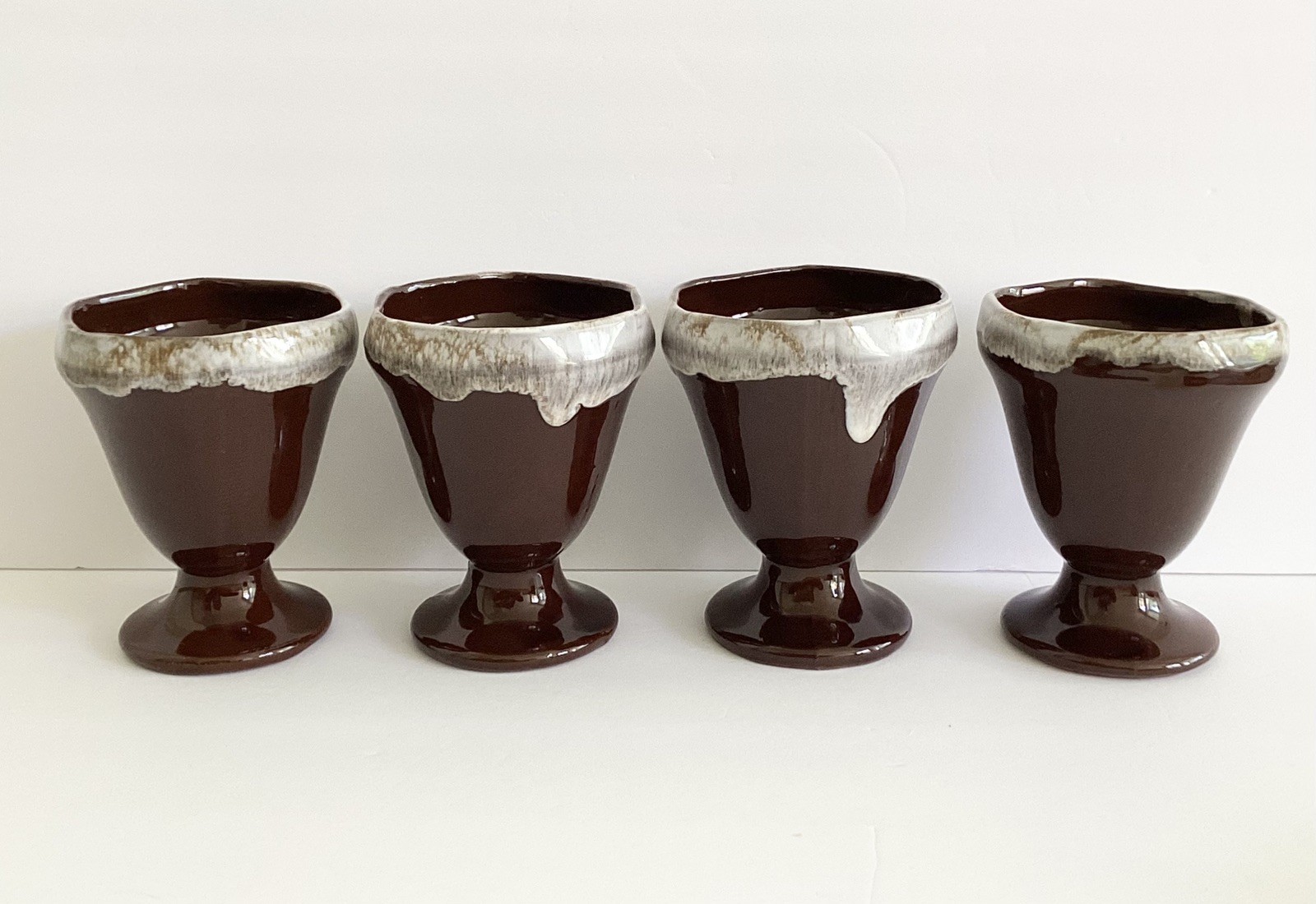 4 Red Clay Brown Glaze Drip Pedestal Ice Cream Sundae Cups & Sauce Bowl