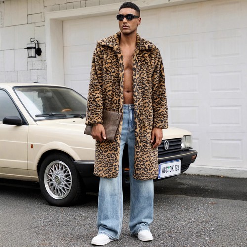 112cm-117cm Length Mens Lapel Leopard Printed Long Faux Fur Coat Overcoat Winter - Picture 4 of 16