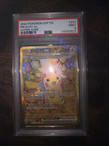 Pokémon Gold Pikachu EX Surging Sparks 247/191 Secret Rare Holo Full Art PSA 9