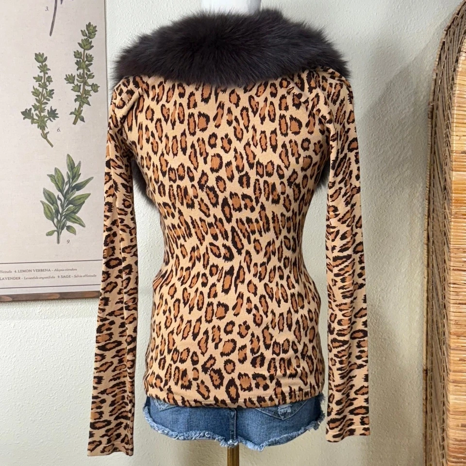Vintage 90s Y2k Fur Trim Leopard Zip Cardigan Sweater McBling Mob Wife Sexy S - Image 4 of 4
