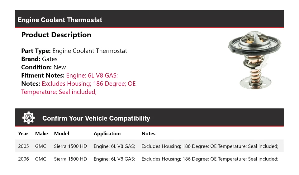 Para GMC Sierra 1500 HD 2005-2006 6L V8 Motor Gas Refrigerante Termostato Puertas Foto 2 de 4