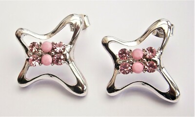 T158) Silberfarbene Abstrakte Ohrstecker Schmetterlingsform Rosa Strass Glas 