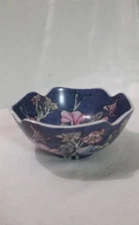 Colorful Floral Asian Chinese Round Notched Rice Bowl Blue Pink White 5-7/8"