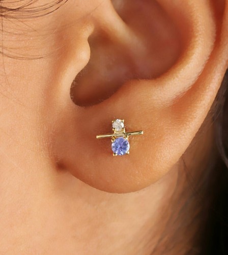 Pave Diamond Dainty Earring 14k Gold Tanzanite Stud Earring Birthday Present - Picture 4 of 16