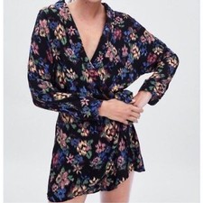 Zara TRF Collection Black Floral Collared V-neck Wrap Romper Size S