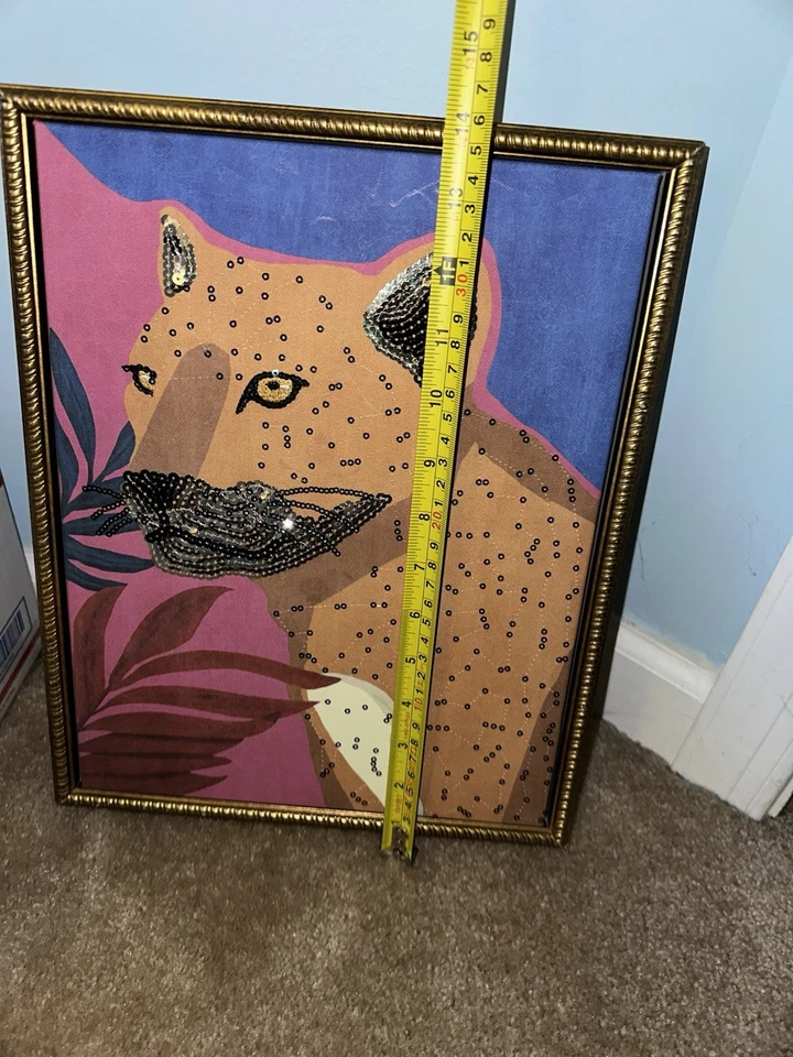 Arte de parede com lantejoulas rosa chita emoldurada arte de parede decoração arte de parede leopardo - Imagem 2 de 3