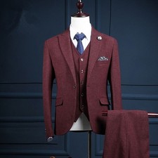 Men's Burgundy Peak Lapel Tweed Vintage Prom Party Groom Tuxedo Wedding Suit