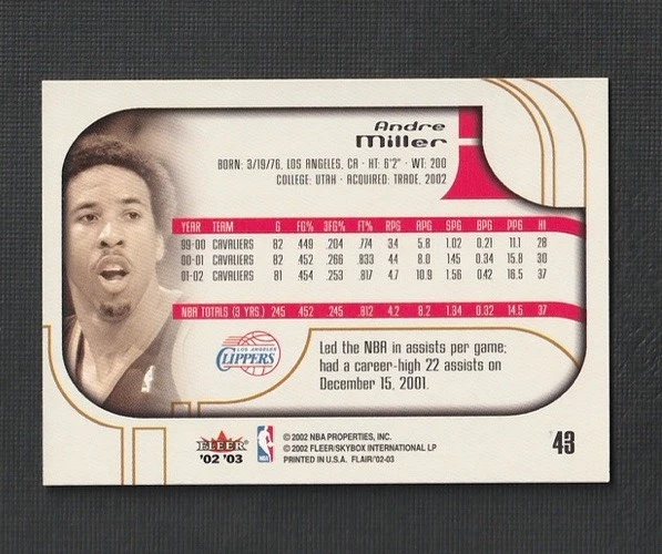 2002-03 Flair Basketball Andre Miller #43 Los Angeles Clippers - Image 2 of 2