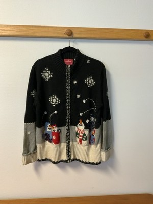 Holiday Lodge By North Crest Womens Snowman Zip Front Cardigan Sweater L