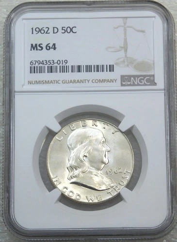 1962-D Franklin Half Dollar NGC MS64 90% FBL Frosty Just Graded New Holder B231L