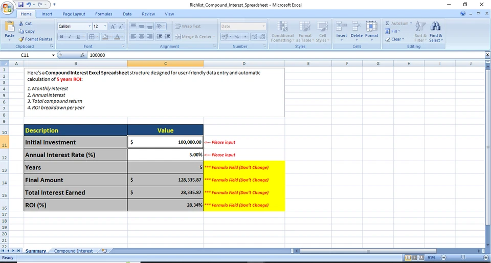 📘 RICHLIST COMPOUND INTEREST SPREADSHEET – EXCEL TOOL FOR WEALTH BUILDING - Image 2 of 4