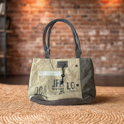 Myra Canvas Tote NYC JFK hand bag Leather accents, metal key