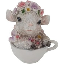 Dekofigur Schaf mit Blumen in Tasse 15 x 12,5 x 10,5 cm weiß rosa Skulptur