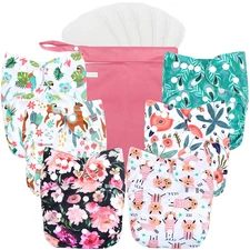 Cloth Diapers 6 Pack with 6 Inserts & 1 Wet Bag, Washable Cloth Diapers for Babi