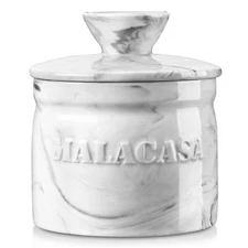 MALACASA Porcelain French Butter Dish 6oz Round Butter Keeper w/ Lid Marble Grey