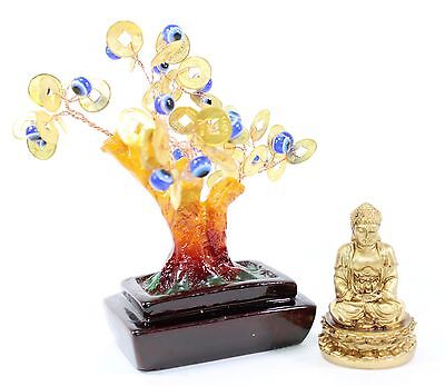 Set of 2~ 4" Blue Evil Cat's Eye Money Tree+Gold Money Tree Solar Toy Feng Shui