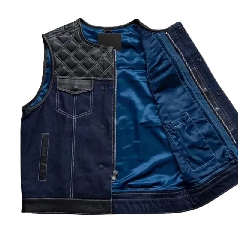 Chaleco de Motociclista Hunt Club Azul Denim - Chaleco de Motocicleta Acolchado, Borde de Cuero Genuino Foto 2 de 4