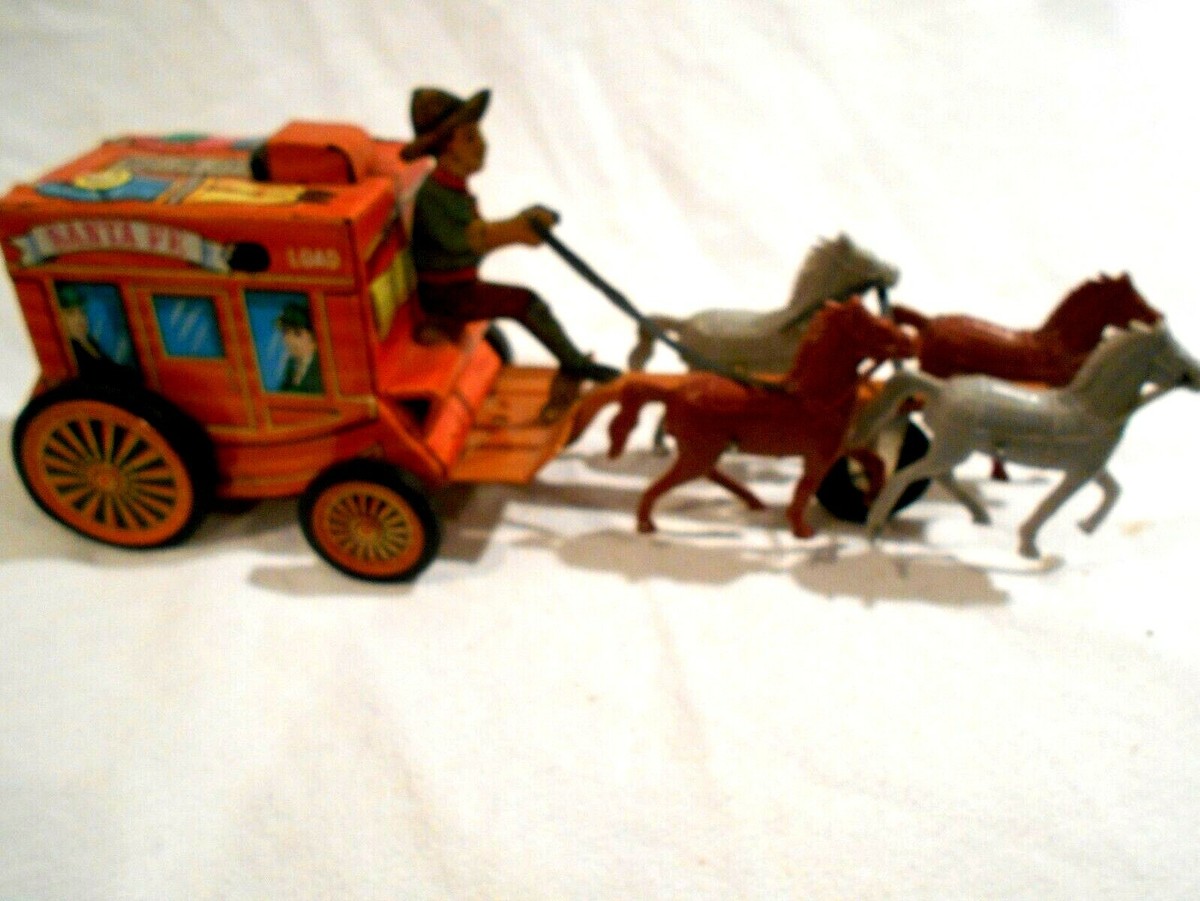 Vintage Japan Tin Litho Friction Santa Fe Stage Coach w/Cap Sound