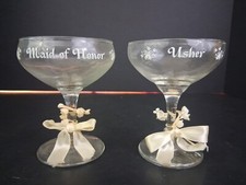 Vtg 1987 Maid Of Honor & Usher Champagne Toasting Glasses Set Of 2 White Bows