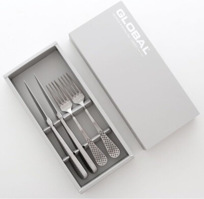 GLOBAL Steak Knife &amp Fork Set All Stainless Steel Set of 2 Japan luxury high
