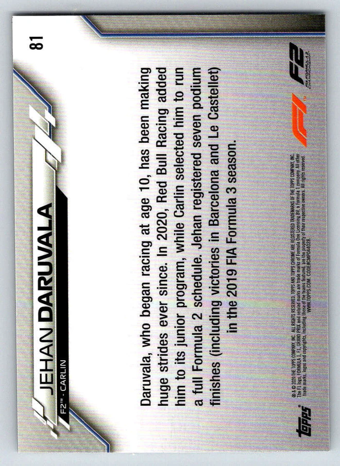 2020 Topps Chrome Formula 1 #81 Jehan Daruvala/F2 Cars (ref 219849) - Image 2 of 2