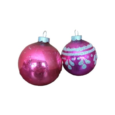 Vtg Pair of Pink Mercury Glass Ball Ornaments, Glitter, MCM, 50s, Barbie