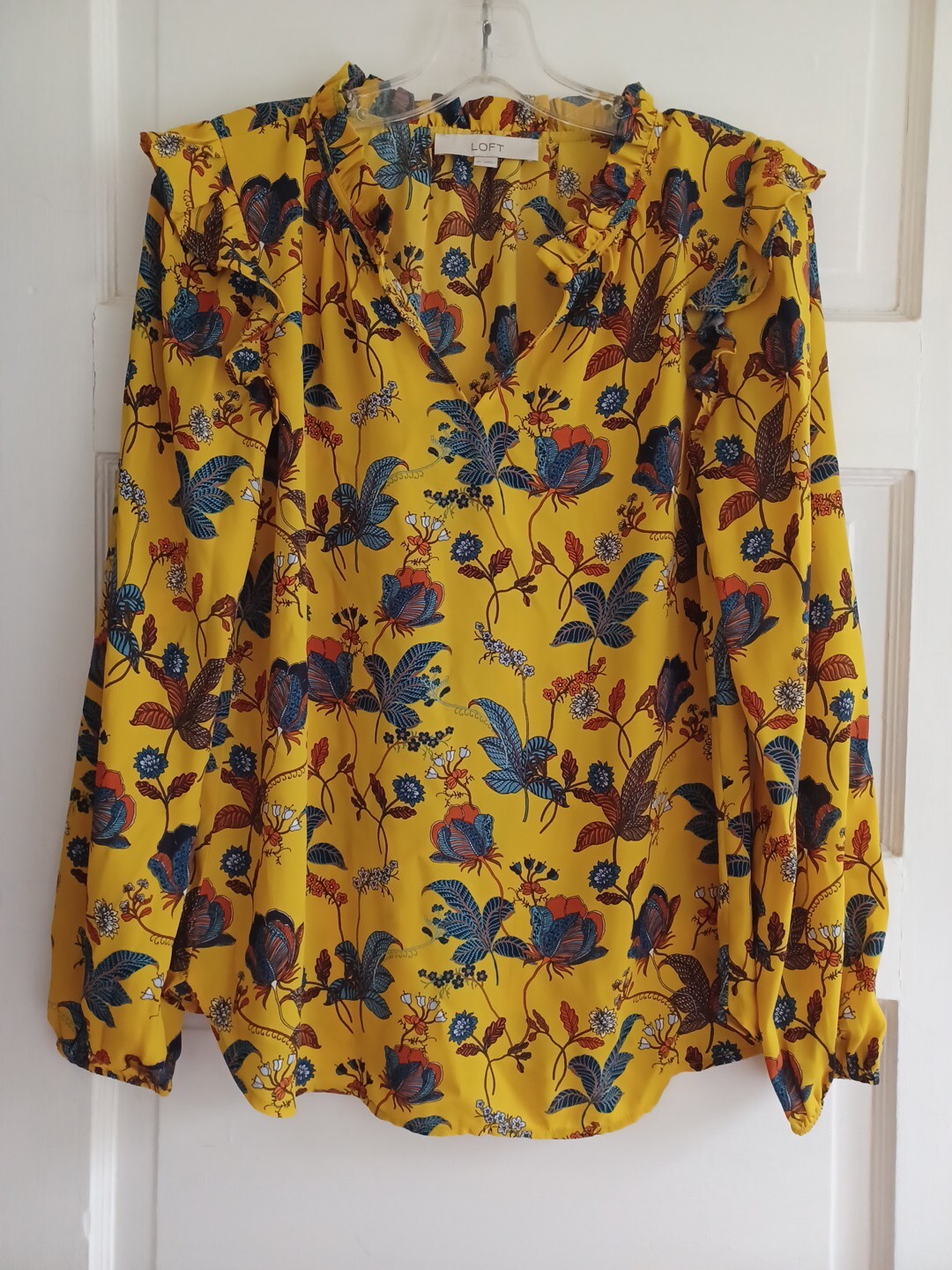 Mustard Ruffle Collar Long Sleeve Button Blouse
