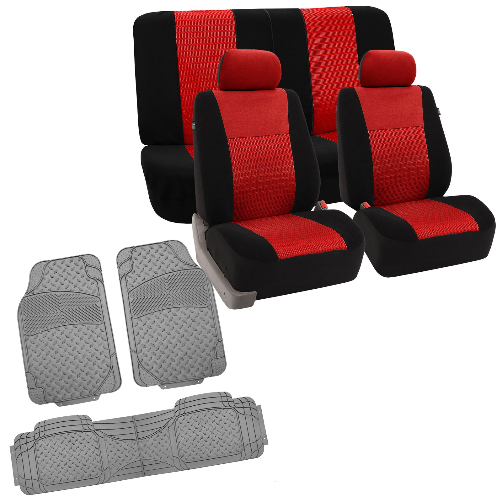Full Interior Set Red Seat Covers Car SUV w/ Gray Heavy Duty Floor Mats