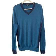 Express V-Neck Pullover Sweater Men M Merino Wool Colorblock Teal Blue Cozy Knit