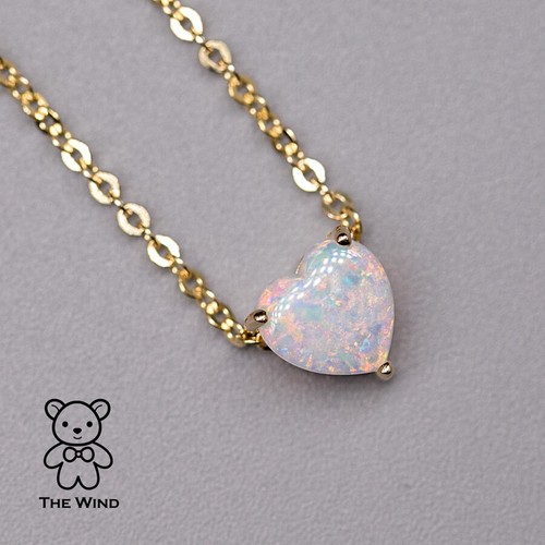 Minimalist Heart Shaped Australian Solid Opal 14k Yellow Gold Necklace - Picture 7 of 15