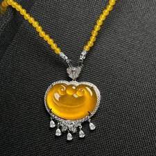 Certified Natural Ice Yellow Jade Jadeite Carved Ruyi Lock Pendant&Necklaces 如意锁