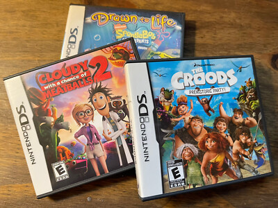 THREE Nintendo DS Games (Cloudy w/ a Chance, Spongebob, Croods) CIB
