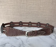 Streets Ahead Brown Leather Silver Stud Embossed Concho Western Wide Belt Sz L