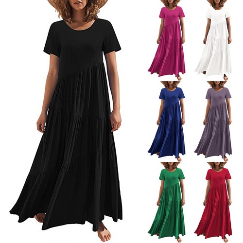 Womens Summer Floral Tiered Maxi Dress Casual Short Sleeve Bohemian Maxi Dress