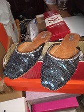 SCHÖNER SHALIMAR DAMEN FLACH SCHWARZ PAILLETTENLEDER SLIPPER KHUSSA, GRÖSSE 5, SEHR GUTER ZUSTAND