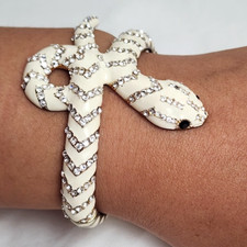Rhinestone Filled Snake Hinged Bracelet White With Gold Plated Detail 6.5"