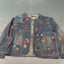 Chico's Women's Jacket Size 1 Blue Embroidered Denim Village Floral Open Front