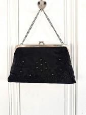 Vintage Black Beaded Evening Purse Small Silver Chain