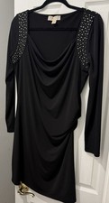 Michael Kors Black Cocktail Dress W / Studded Shoulders Flowing Front (L)