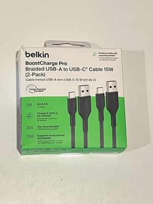 Belkin BoostCharge Pro Braided 15W USB-A to USB-C Cable 6.6 ft - Black (2 Pack)