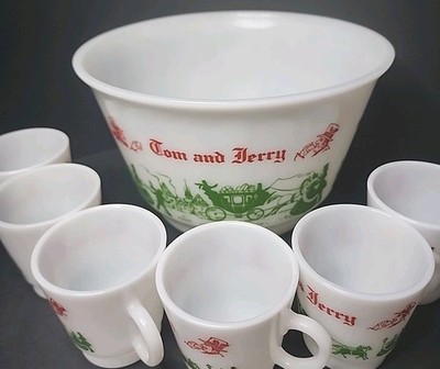 Vintage Hazel Atlas Tom and Jerry Eggnog Punch Bowl Set - 7 Piece Milk Glass