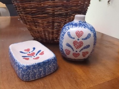 Blue with Red Heart Sponge Pattern Soap Dish And Vase Cottage Core Grandma 
