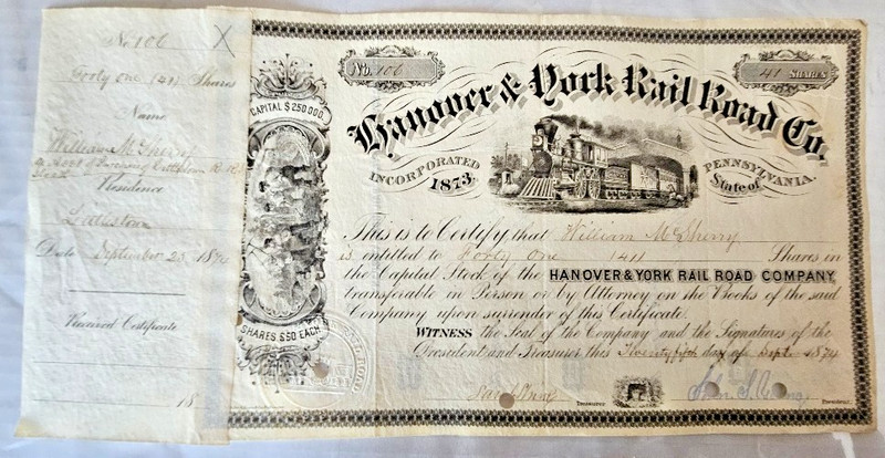 1874 HANOVER & YORK RAIL ROAD COMPANY - Serial # 106 - 41 shares to Wm. McSherry