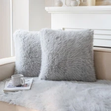 Light Grey Faux Fur Cozy Fluffy Double-Sided Decorative Throw Pillow Covers 1...