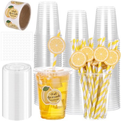 100Pcs Lemon Disposable Plastic Cups with Lids and Straws, 12Oz Party Cups Le...